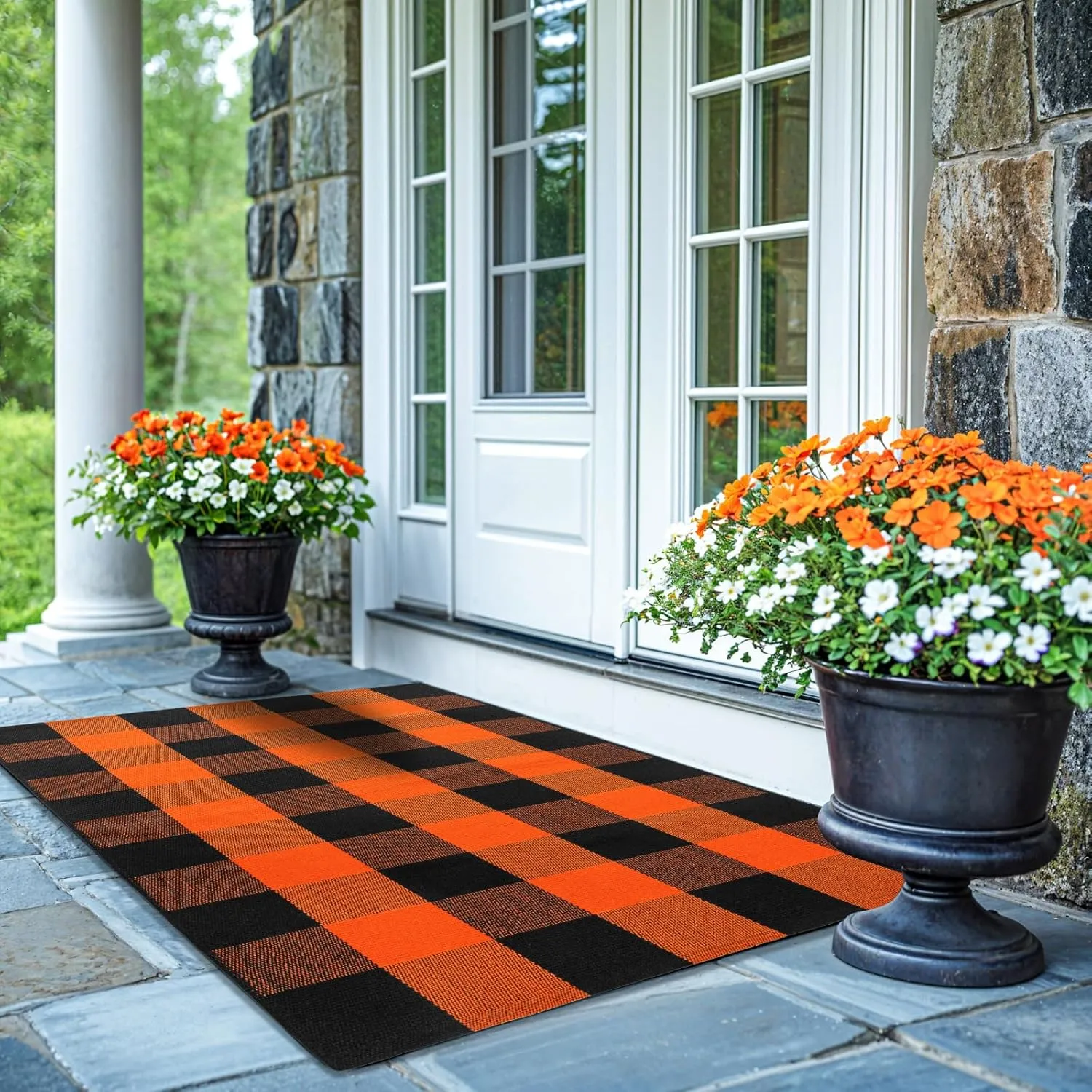 LBRO2M Outdoor Rug 27.5" X 43" Polypropylene Hand-Woven Plaid Porch Rug Machine Washable Entry Rug for Home Entrance (Orange Black)