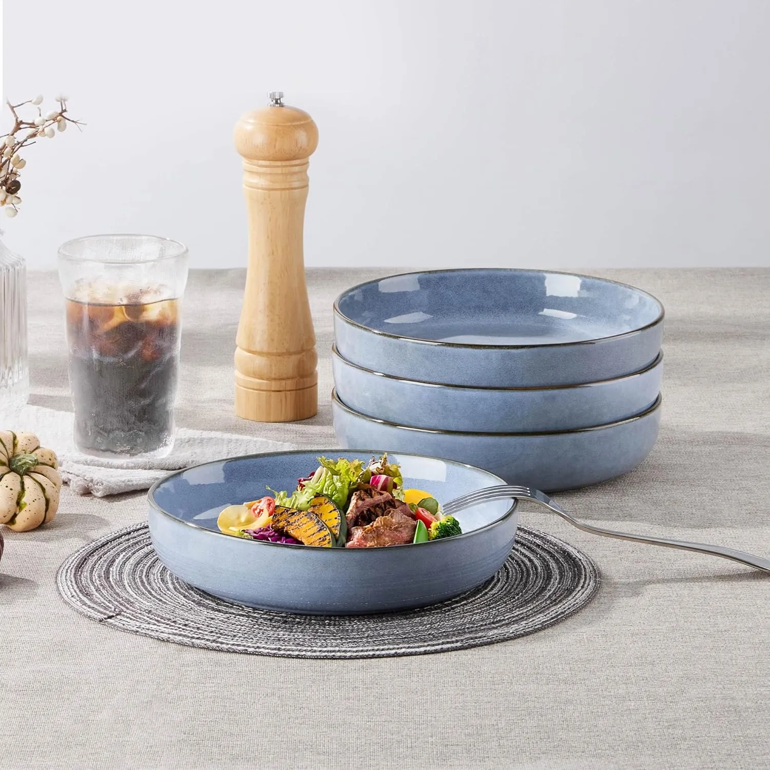 LIANYU Stoneware Pasta Bowls Set of 4, 37oz Large Salad Pasta Bowl for Home, Wide and Shallow Ceramic Plate Bowls for Serving Soup, Dinner, Microwave & Dishwasher Safe, Serenity Blue