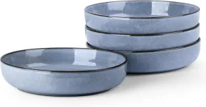 LIANYU Stoneware Pasta Bowls Set of 4, 37oz Large Salad Pasta Bowl for Home, Wide and Shallow Ceramic Plate Bowls for Serving Soup, Dinner, Microwave & Dishwasher Safe, Serenity Blue