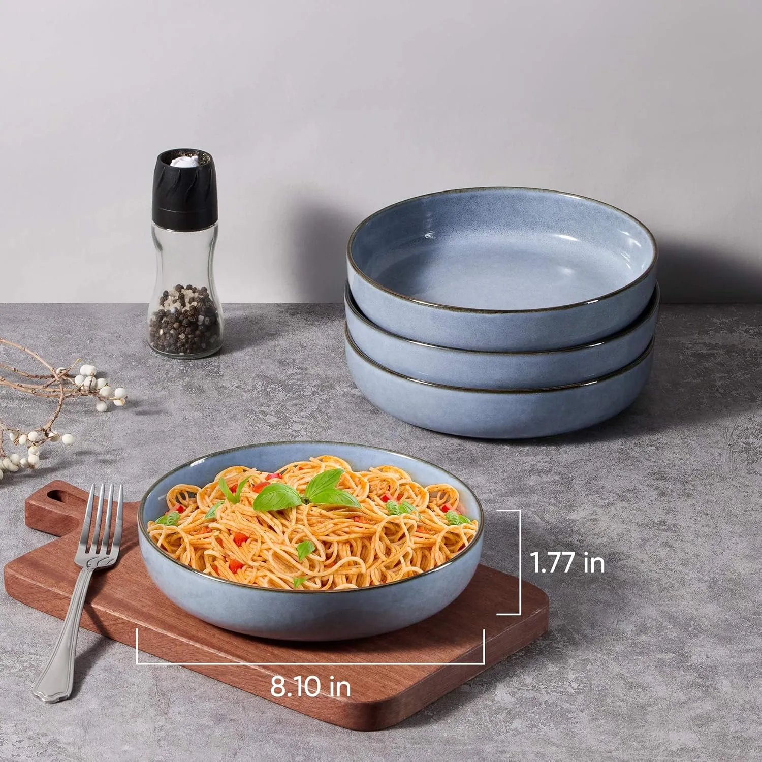 LIANYU Stoneware Pasta Bowls Set of 4, 37oz Large Salad Pasta Bowl for Home, Wide and Shallow Ceramic Plate Bowls for Serving Soup, Dinner, Microwave & Dishwasher Safe, Serenity Blue
