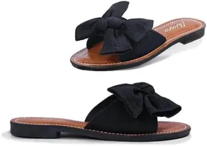 Liliana Women's Clarissa-1 Faux Croc Footbed Bow Accent Strap Flat Slip On Sandals