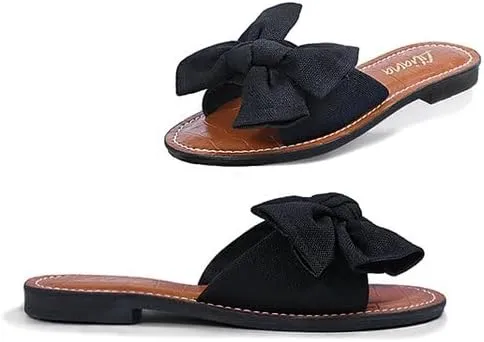 Liliana Women's Clarissa-1 Faux Croc Footbed Bow Accent Strap Flat Slip On Sandals