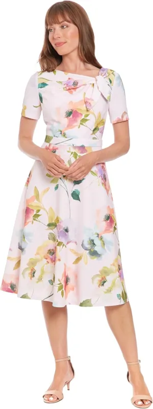 London Times Women's A-line Midi Short Sleeve Fitted Waist with Bow Detail-Versatile Floral Dresses