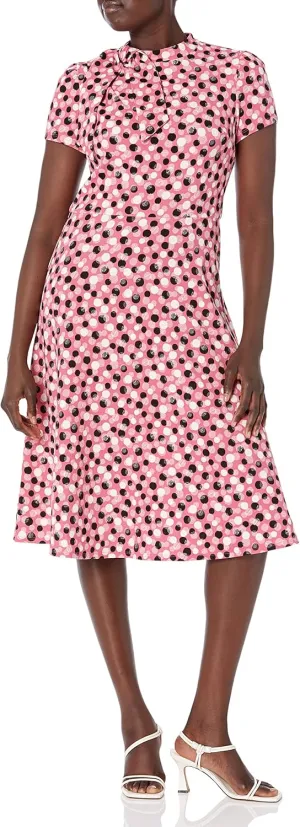 London Times Women's Petite Polished Crepe Tie Neck A-line Dress
