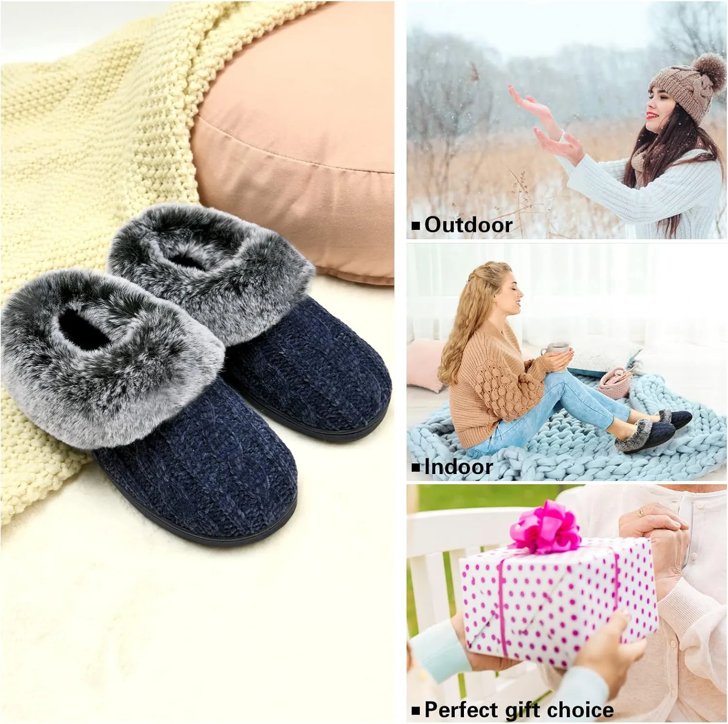 LORDFON Womens Winter House Slippers Memory Foam，Warm Closed Back Indoor Slippers For Women With Soft Faux Fur Plush Collar,Cozy Ladies Slip-on bedroom Home Slippers Non-Slip
