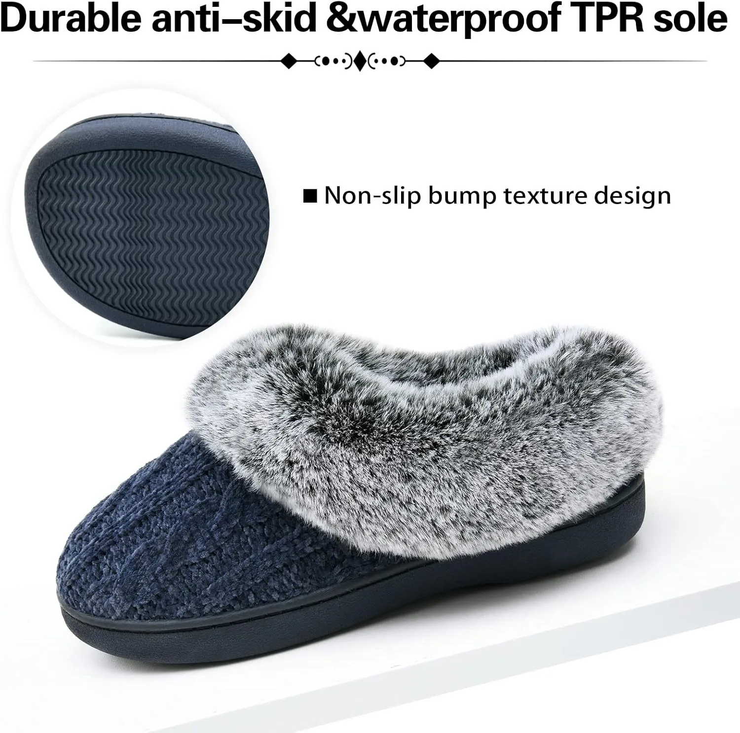 LORDFON Womens Winter House Slippers Memory Foam，Warm Closed Back Indoor Slippers For Women With Soft Faux Fur Plush Collar,Cozy Ladies Slip-on bedroom Home Slippers Non-Slip