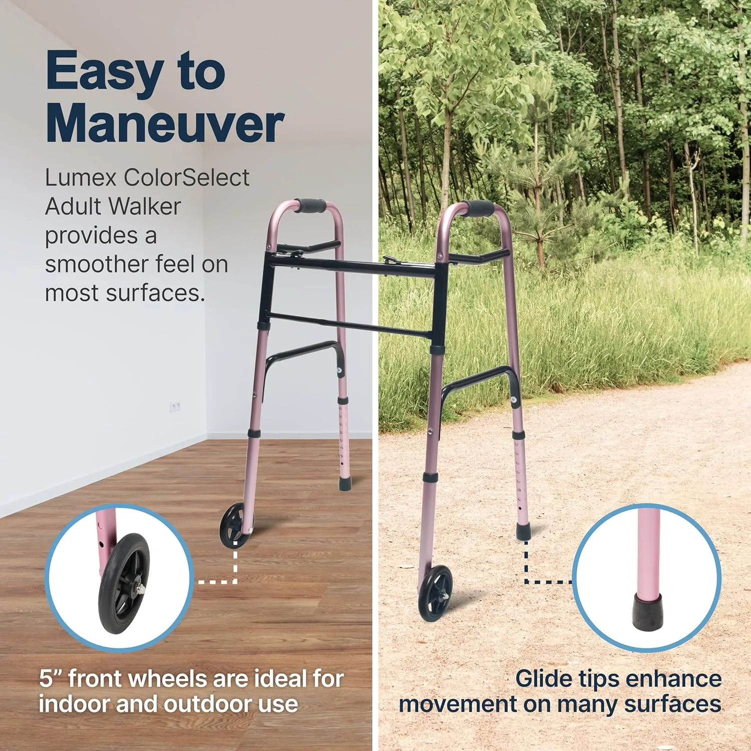 Lumex ColorSelect Walkers for Seniors, Rolling & Folding Adult Walker with Wheels, Pink