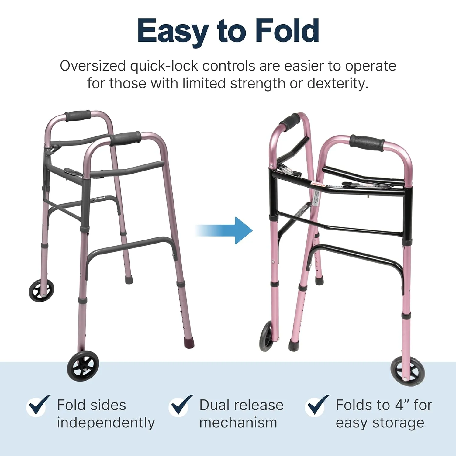Lumex ColorSelect Walkers for Seniors, Rolling & Folding Adult Walker with Wheels, Pink