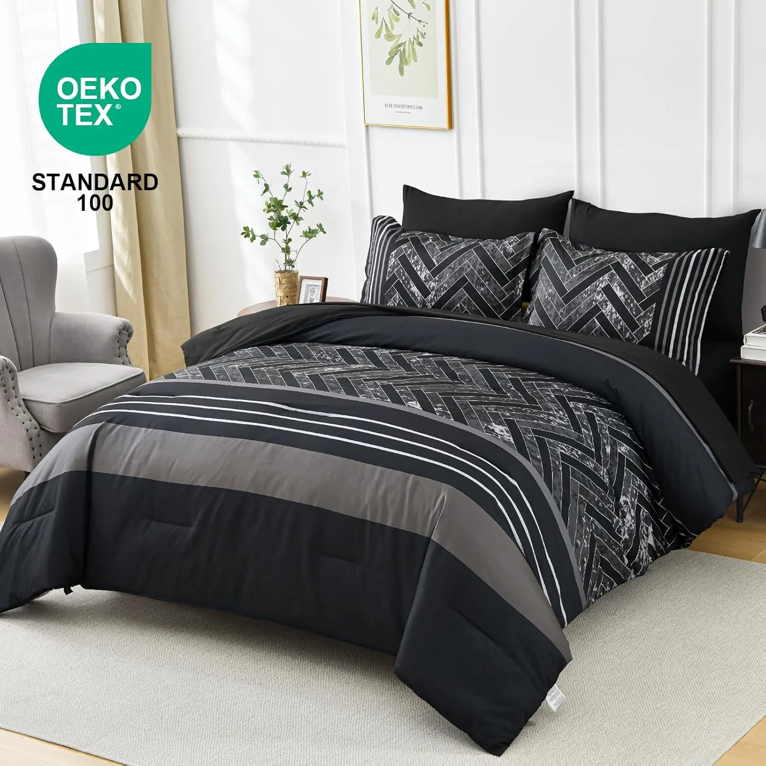 Luxudecor Black Comforter Set King Size, 7 Pieces Stripe Geometric Bed in a Bag, Geometric Comforter and Sheet Set, Soft Microfiber Complete Bedding Sets for All Seasons