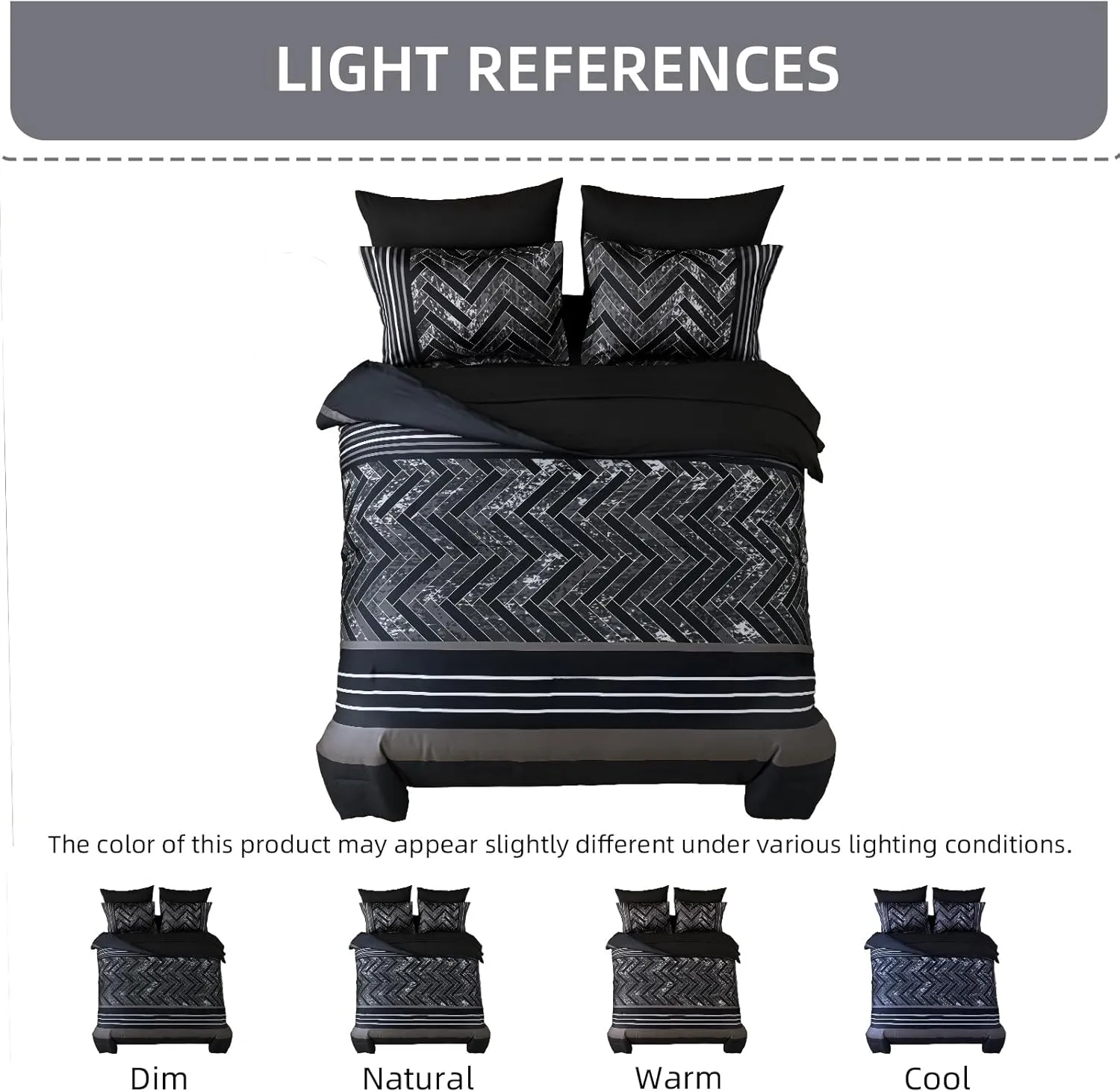 Luxudecor Black Comforter Set King Size, 7 Pieces Stripe Geometric Bed in a Bag, Geometric Comforter and Sheet Set, Soft Microfiber Complete Bedding Sets for All Seasons
