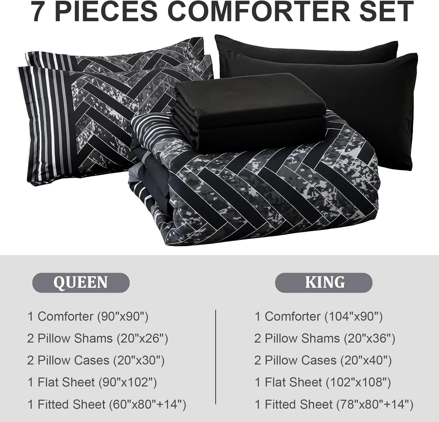 Luxudecor Black Comforter Set King Size, 7 Pieces Stripe Geometric Bed in a Bag, Geometric Comforter and Sheet Set, Soft Microfiber Complete Bedding Sets for All Seasons