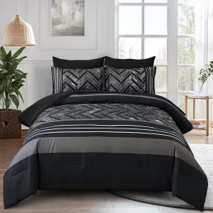 Luxudecor Black Comforter Set King Size, 7 Pieces Stripe Geometric Bed in a Bag, Geometric Comforter and Sheet Set, Soft Microfiber Complete Bedding Sets for All Seasons