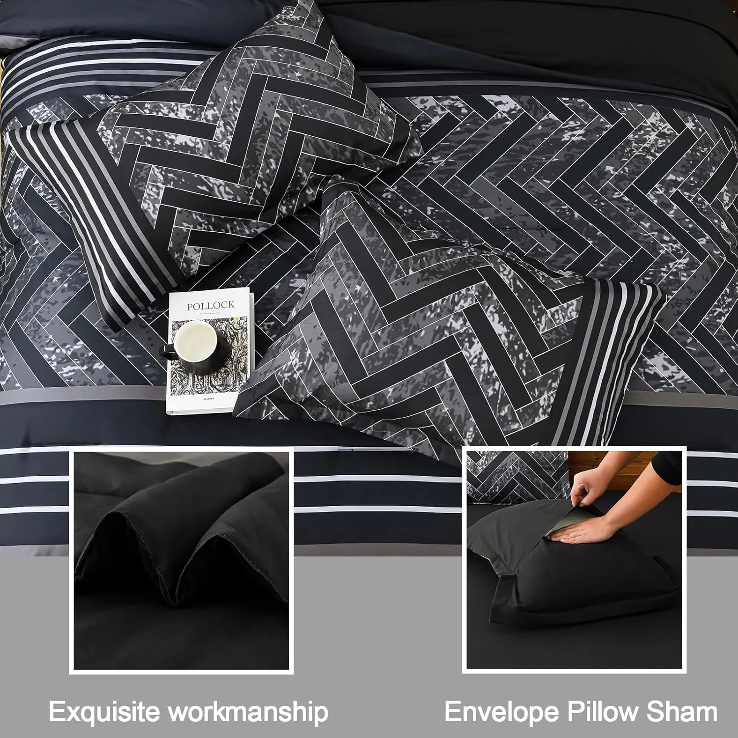 Luxudecor Black Comforter Set King Size, 7 Pieces Stripe Geometric Bed in a Bag, Geometric Comforter and Sheet Set, Soft Microfiber Complete Bedding Sets for All Seasons