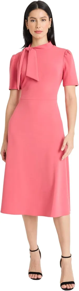 Maggy London Women's Crepe Fabric Flight Attendant Bow Neck Tie Short Sleeve A-line