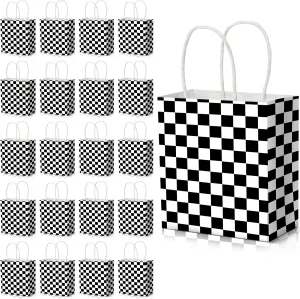 Marspark 24 Pcs Checkered Racing Treat Bags Black and White Race Car Party Favors Bags Checkered Goodie Candy Gift Flag Themed with Handles for Birthday Party Supplies Decorations