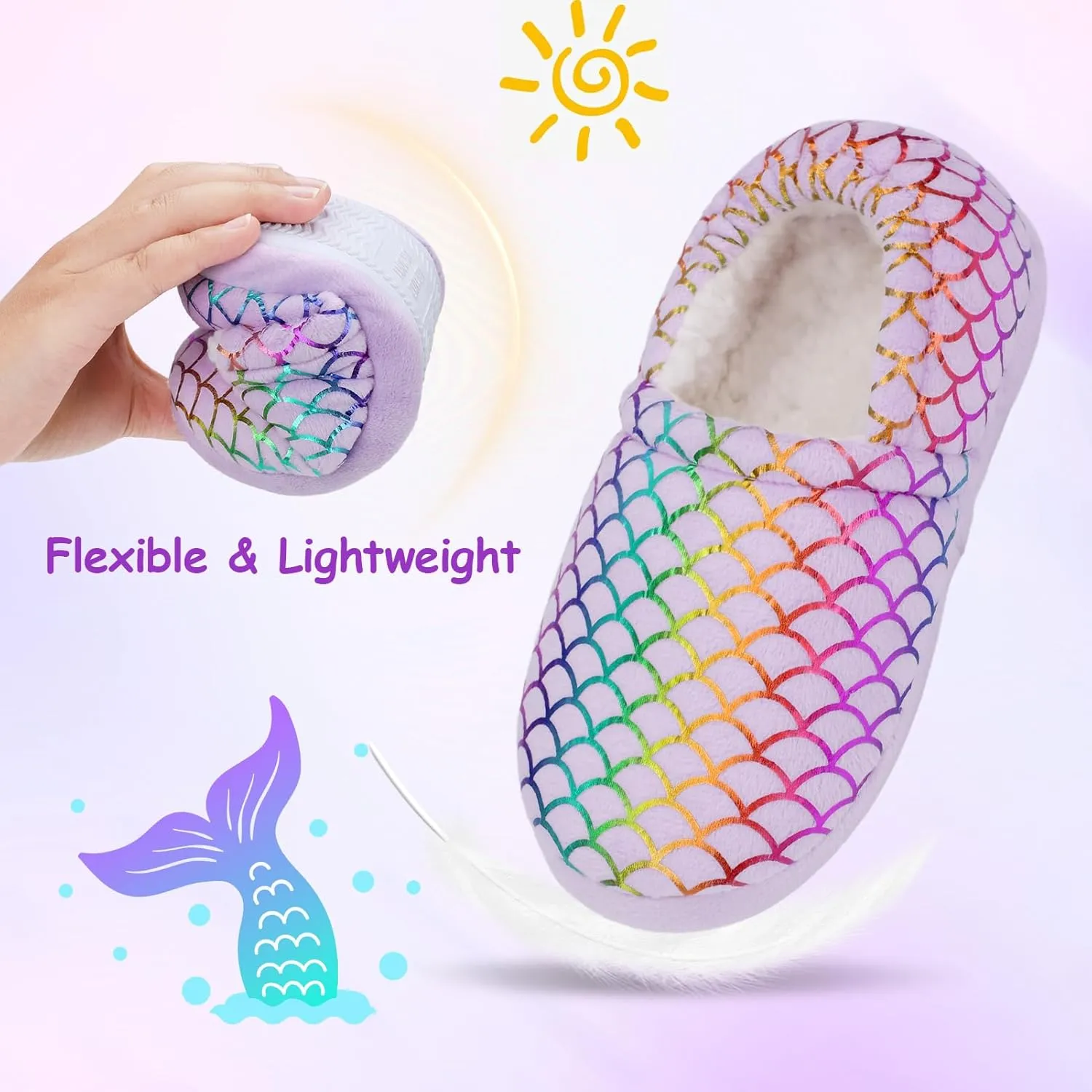 MEJORMEN Girls Mermaid House Slippers Cozy Plush Anti-Skid Indoor Outdoor House Shoes Glitter Bedroom Slippers for Toddler Kid