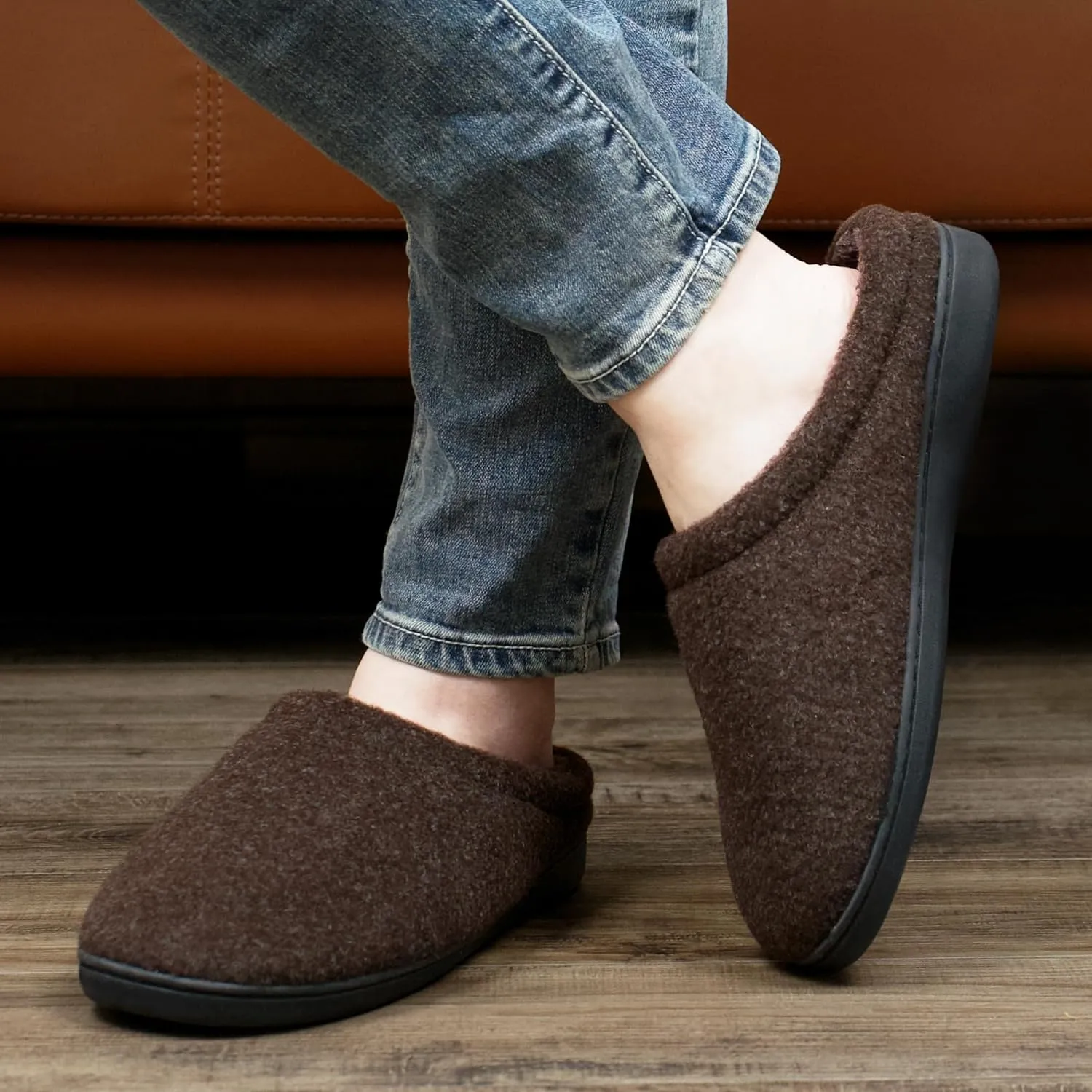 Memory Foam House Slippers for Men Indoor Outdoor Non-Slip Rubber Soles with Fuzzy Plush Lining