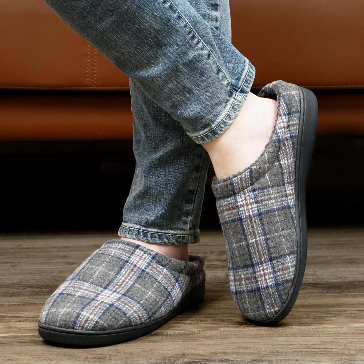 Memory Foam House Slippers for Men Indoor Outdoor Non-Slip Rubber Soles with Fuzzy Plush Lining