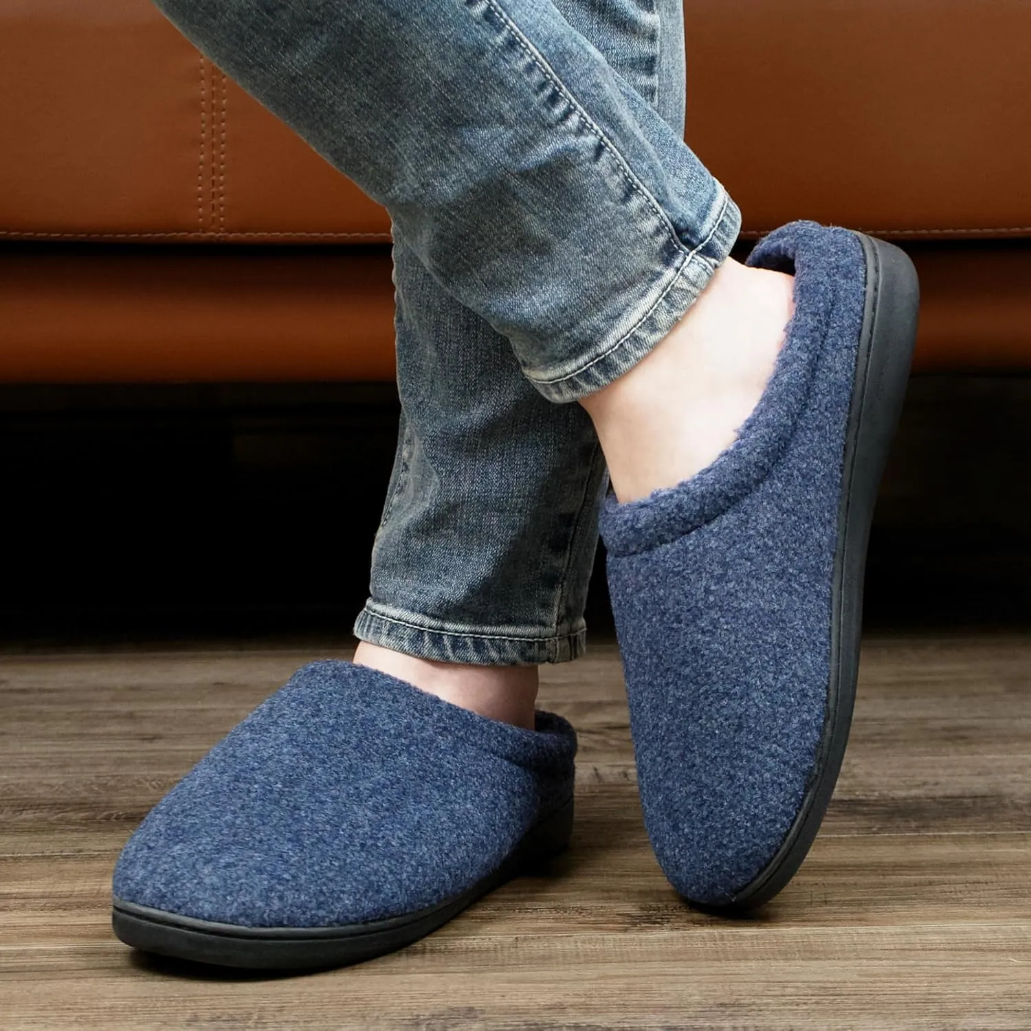 Memory Foam House Slippers for Men Indoor Outdoor Non-Slip Rubber Soles with Fuzzy Plush Lining