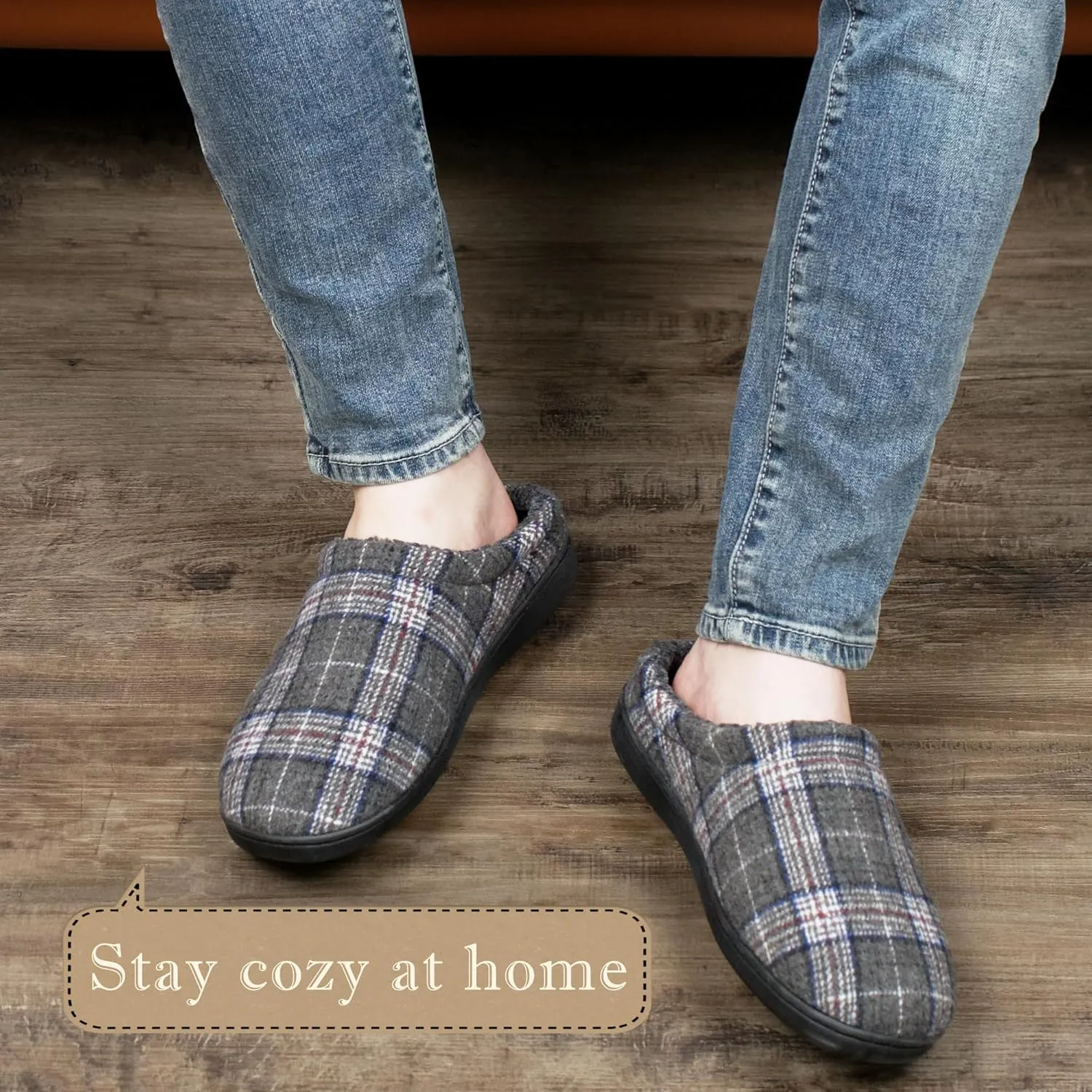 Memory Foam House Slippers for Men Indoor Outdoor Non-Slip Rubber Soles with Fuzzy Plush Lining