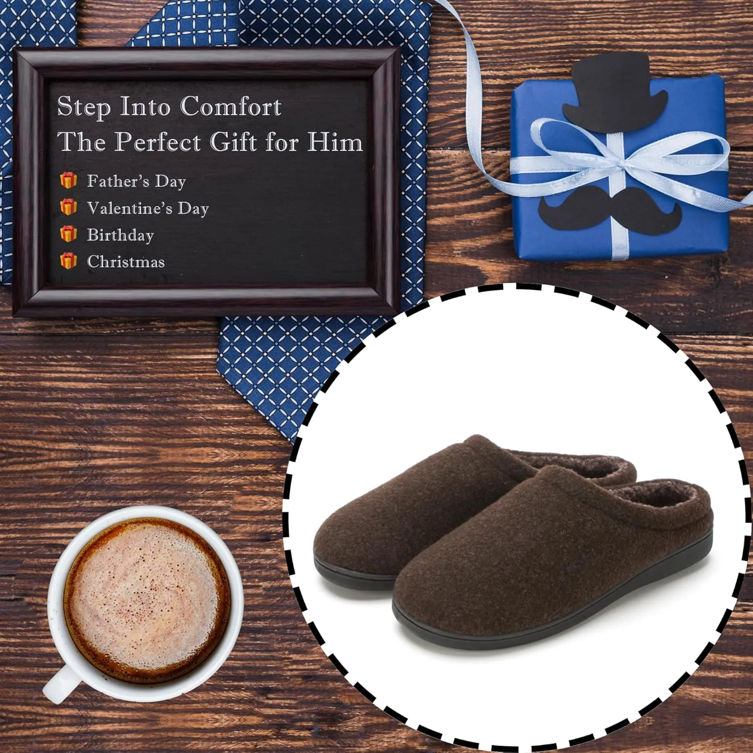 Memory Foam House Slippers for Men Indoor Outdoor Non-Slip Rubber Soles with Fuzzy Plush Lining