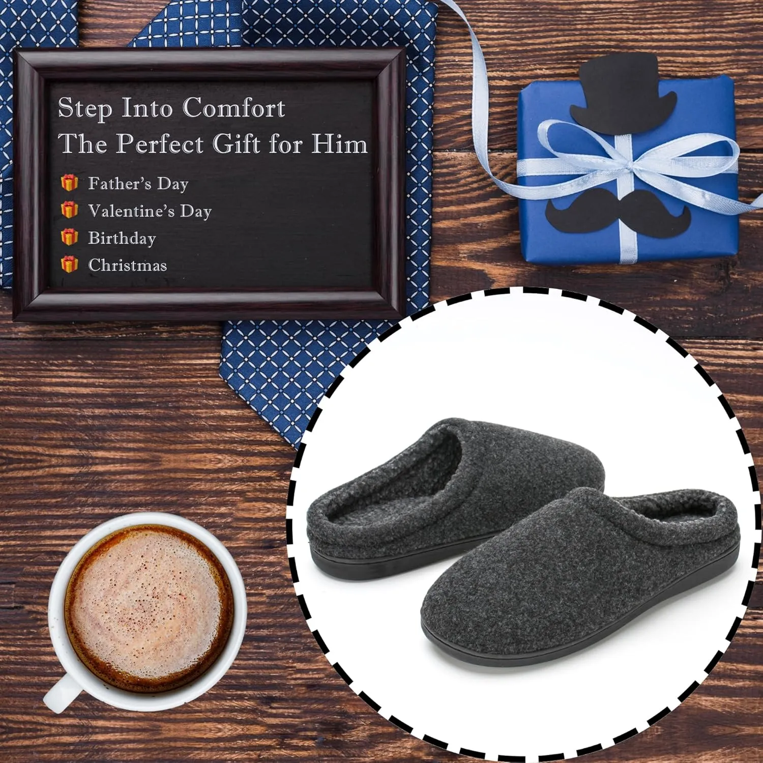 Memory Foam House Slippers for Men Indoor Outdoor Non-Slip Rubber Soles with Fuzzy Plush Lining