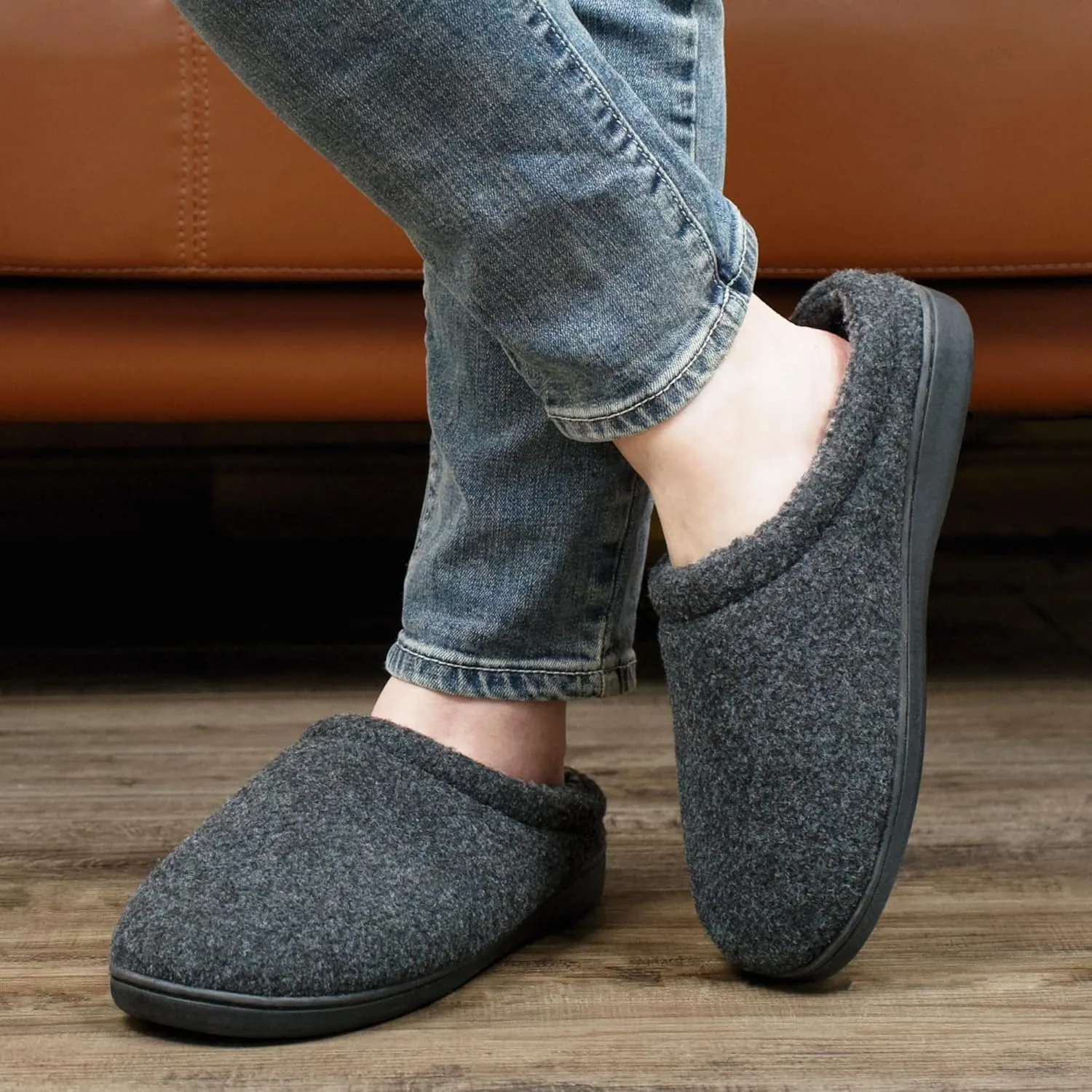 Memory Foam House Slippers for Men Indoor Outdoor Non-Slip Rubber Soles with Fuzzy Plush Lining