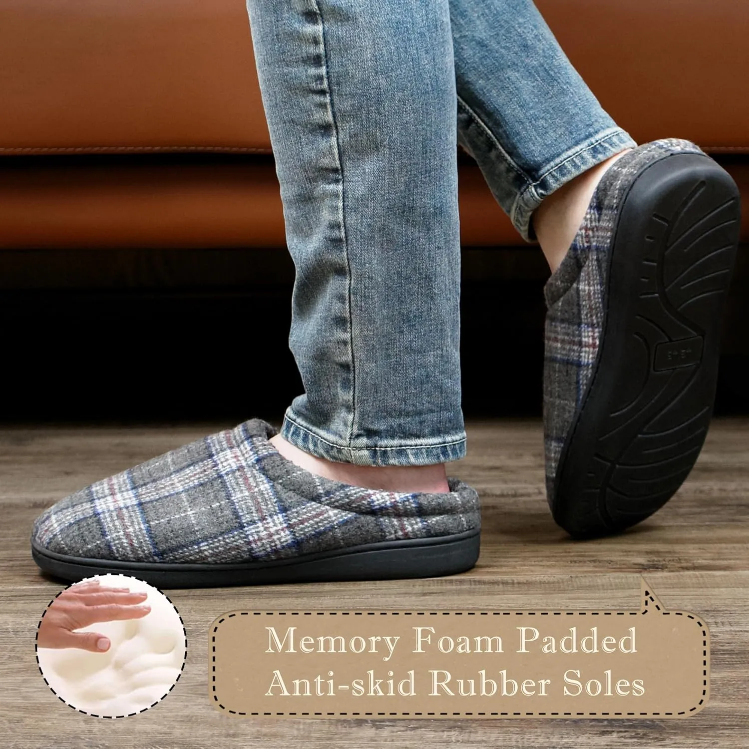 Memory Foam House Slippers for Men Indoor Outdoor Non-Slip Rubber Soles with Fuzzy Plush Lining