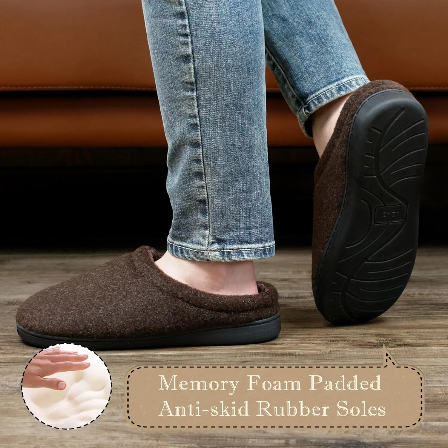 Memory Foam House Slippers for Men Indoor Outdoor Non-Slip Rubber Soles with Fuzzy Plush Lining