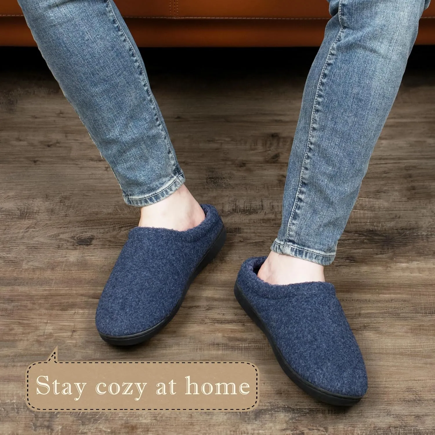 Memory Foam House Slippers for Men Indoor Outdoor Non-Slip Rubber Soles with Fuzzy Plush Lining