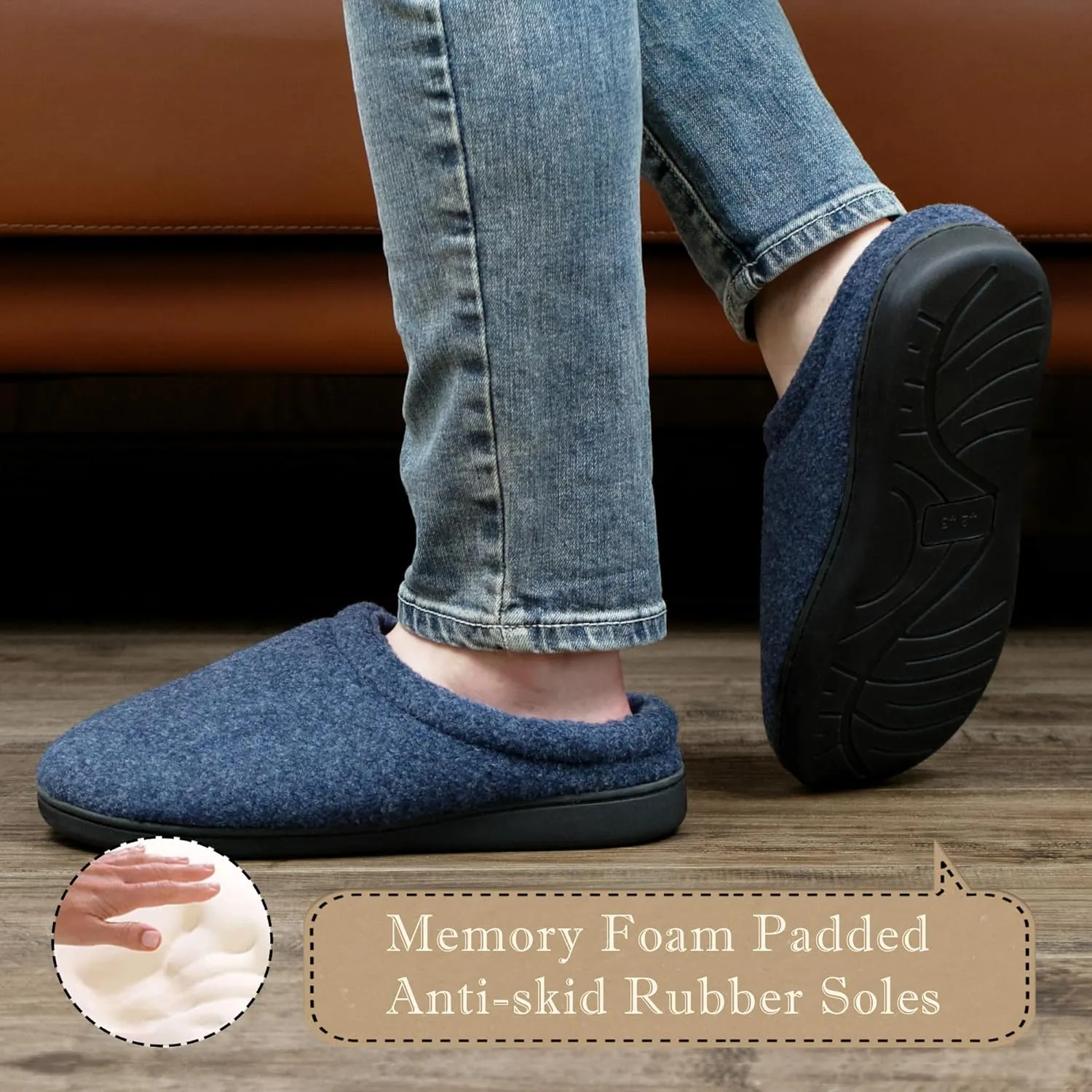 Memory Foam House Slippers for Men Indoor Outdoor Non-Slip Rubber Soles with Fuzzy Plush Lining