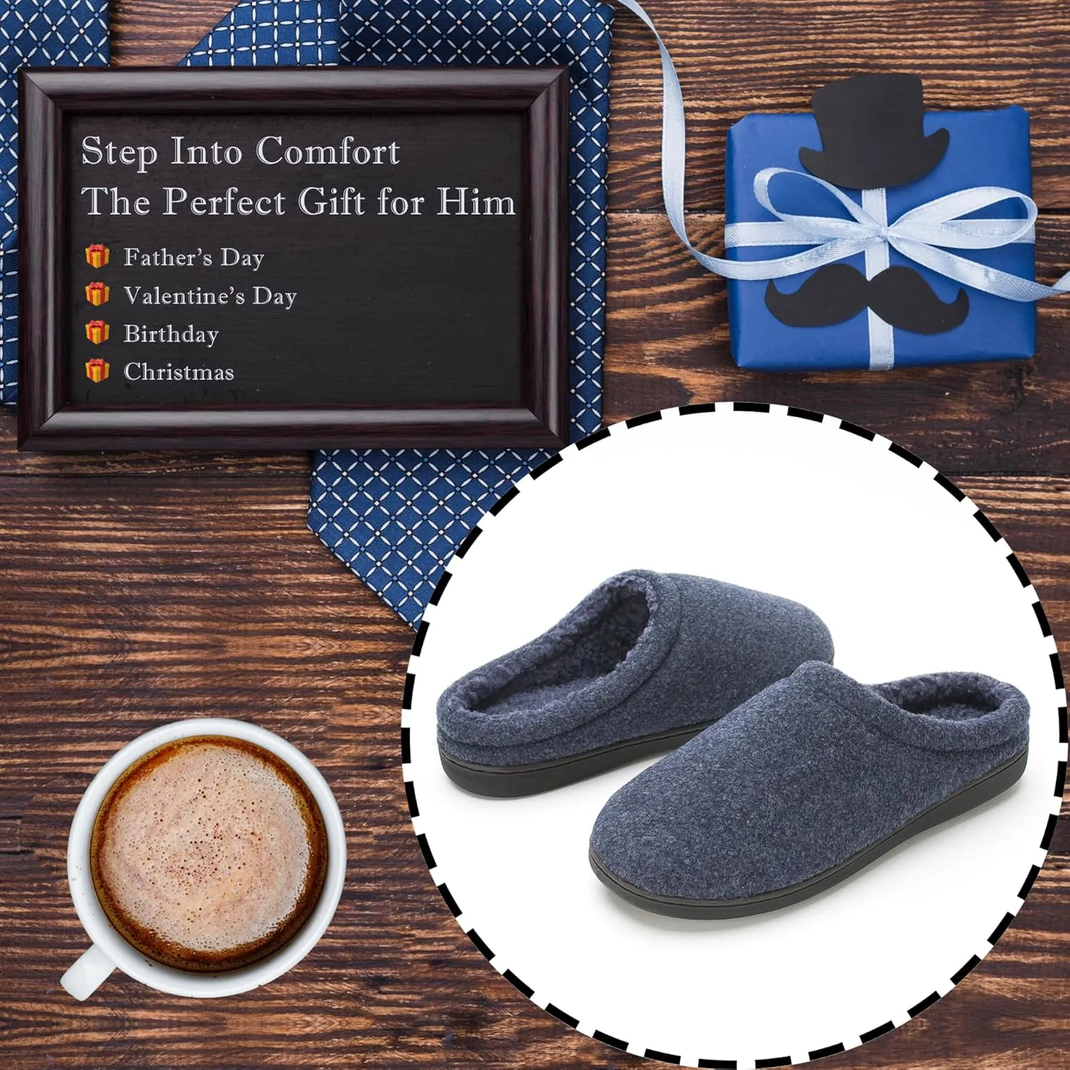 Memory Foam House Slippers for Men Indoor Outdoor Non-Slip Rubber Soles with Fuzzy Plush Lining