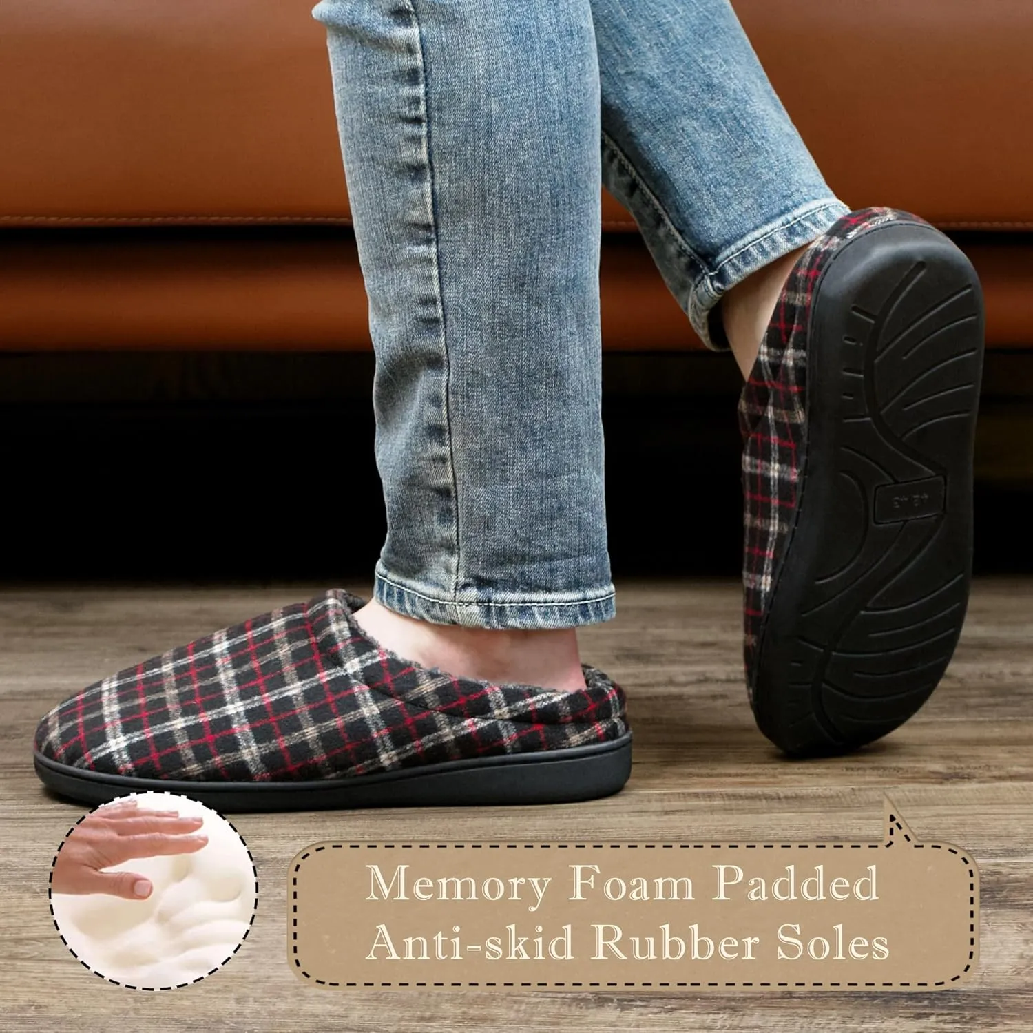 Memory Foam House Slippers for Men Indoor Outdoor Non-Slip Rubber Soles with Fuzzy Plush Lining