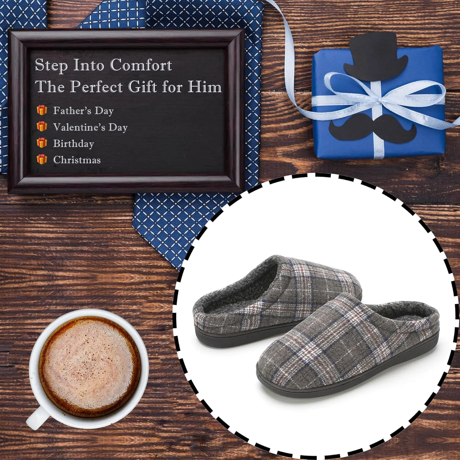 Memory Foam House Slippers for Men Indoor Outdoor Non-Slip Rubber Soles with Fuzzy Plush Lining
