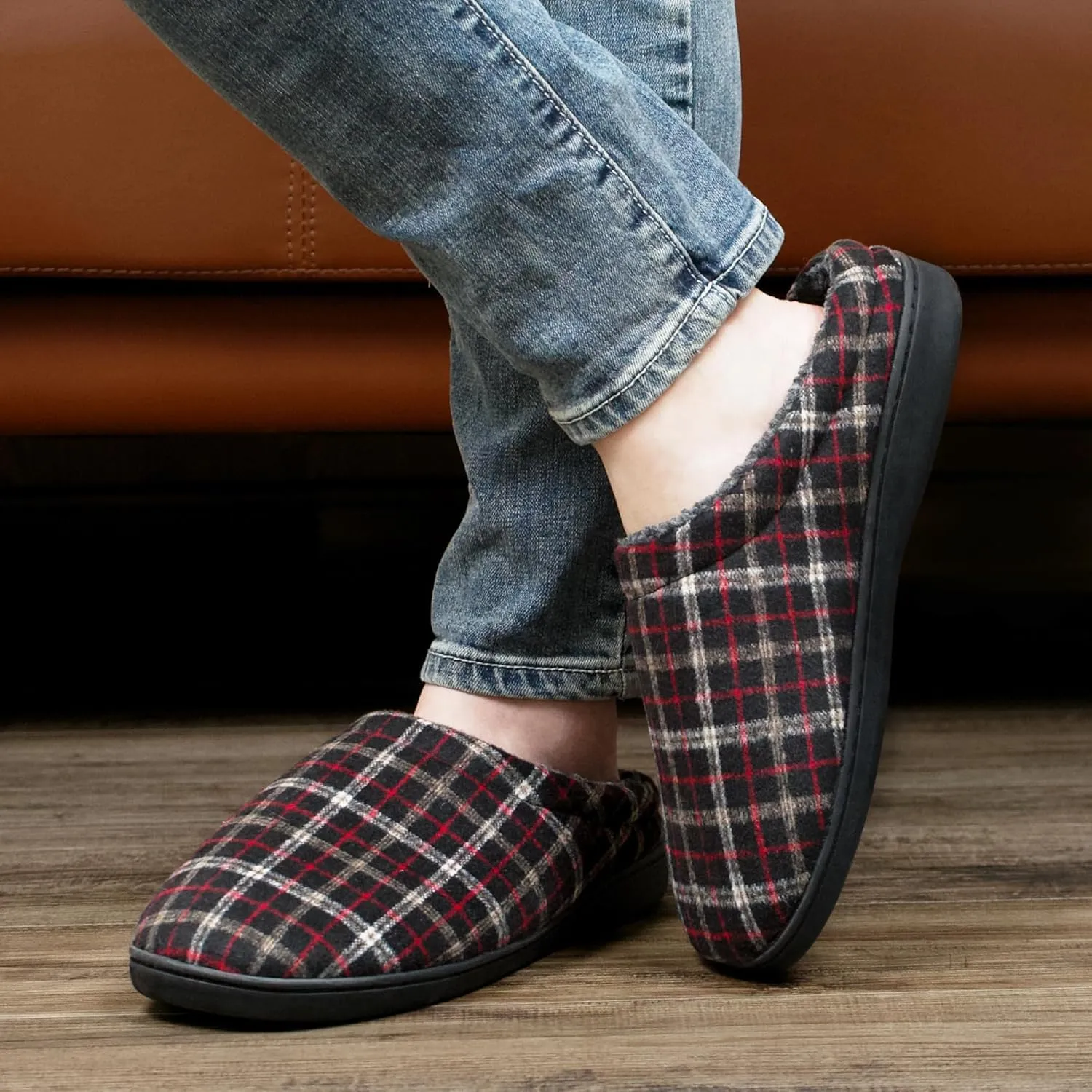 Memory Foam House Slippers for Men Indoor Outdoor Non-Slip Rubber Soles with Fuzzy Plush Lining