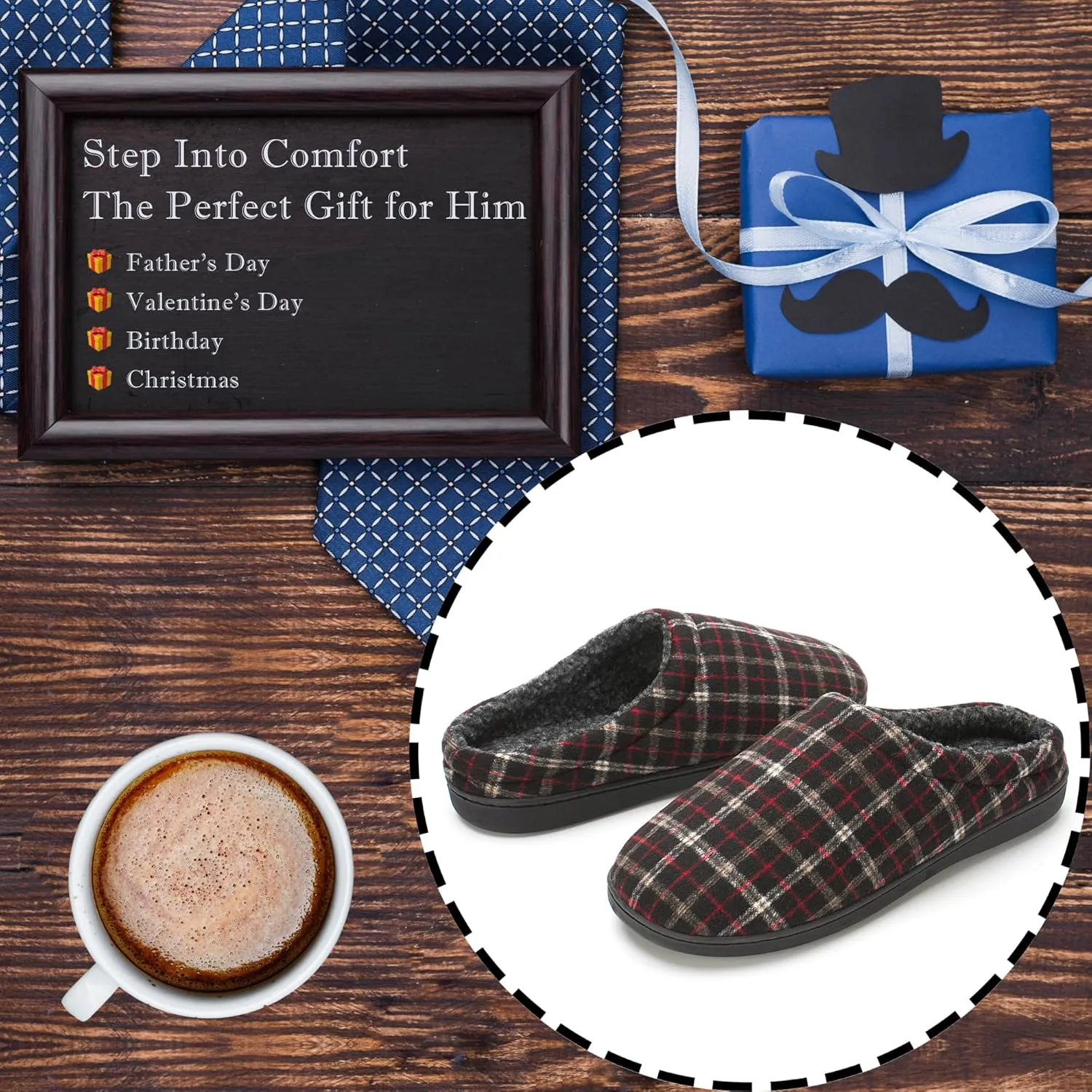 Memory Foam House Slippers for Men Indoor Outdoor Non-Slip Rubber Soles with Fuzzy Plush Lining
