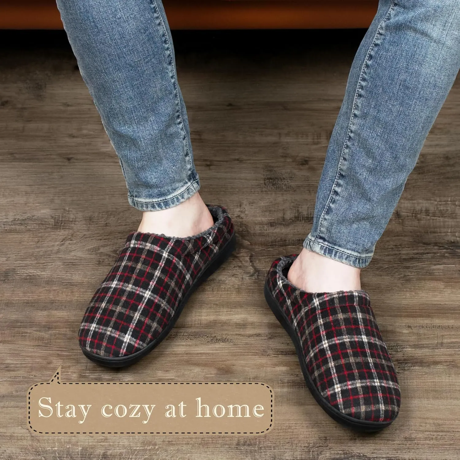 Memory Foam House Slippers for Men Indoor Outdoor Non-Slip Rubber Soles with Fuzzy Plush Lining