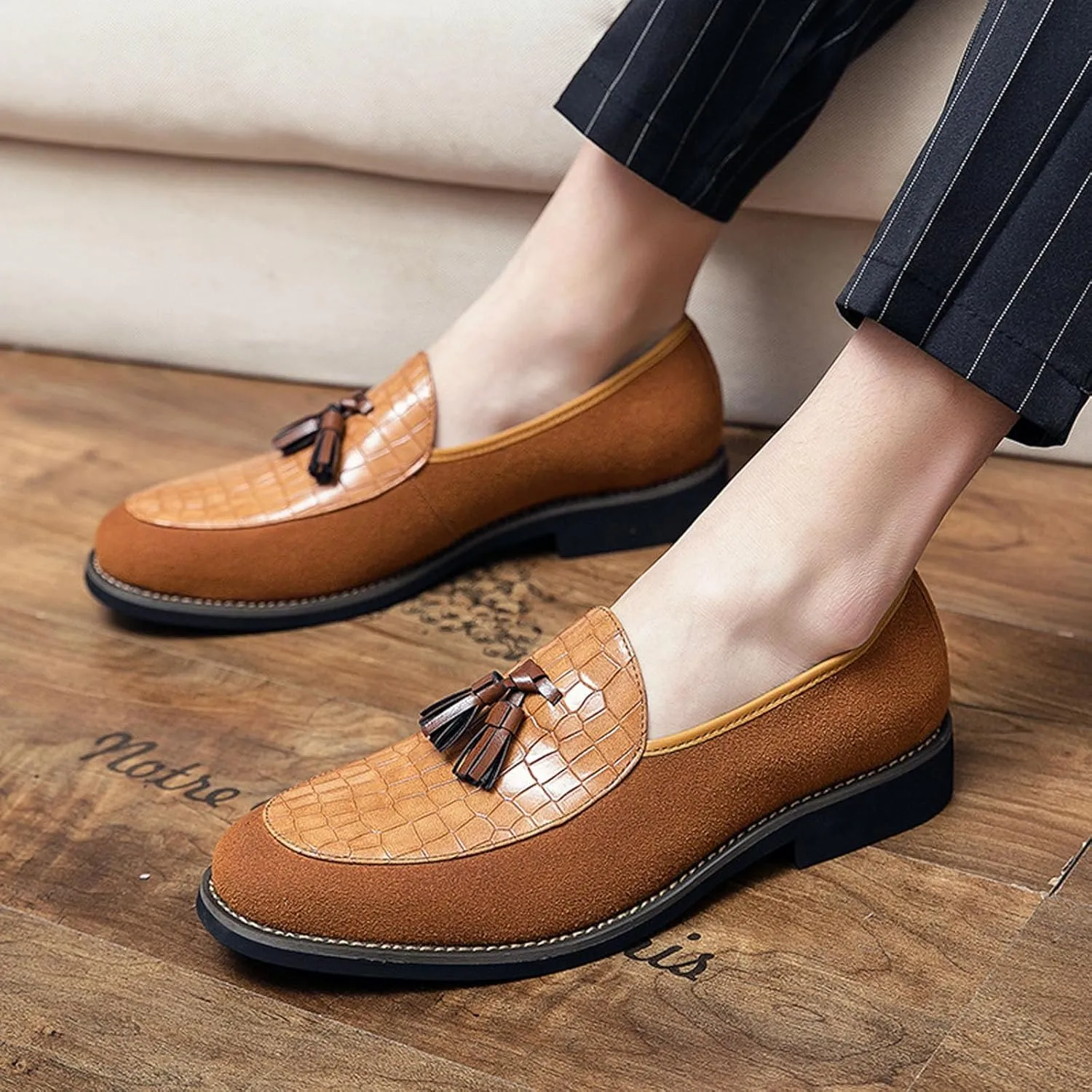 Men Suede Splicing Printed Tassel Penny Loafers Retro Luxury Low Heeled Fashion Slip On Flats Tassel Dress Shoes Comfort Non-Slip Business Formal Wedding Shoes