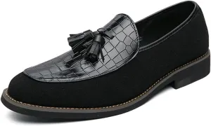 Men Suede Splicing Printed Tassel Penny Loafers Retro Luxury Low Heeled Fashion Slip On Flats Tassel Dress Shoes Comfort Non-Slip Business Formal Wedding Shoes