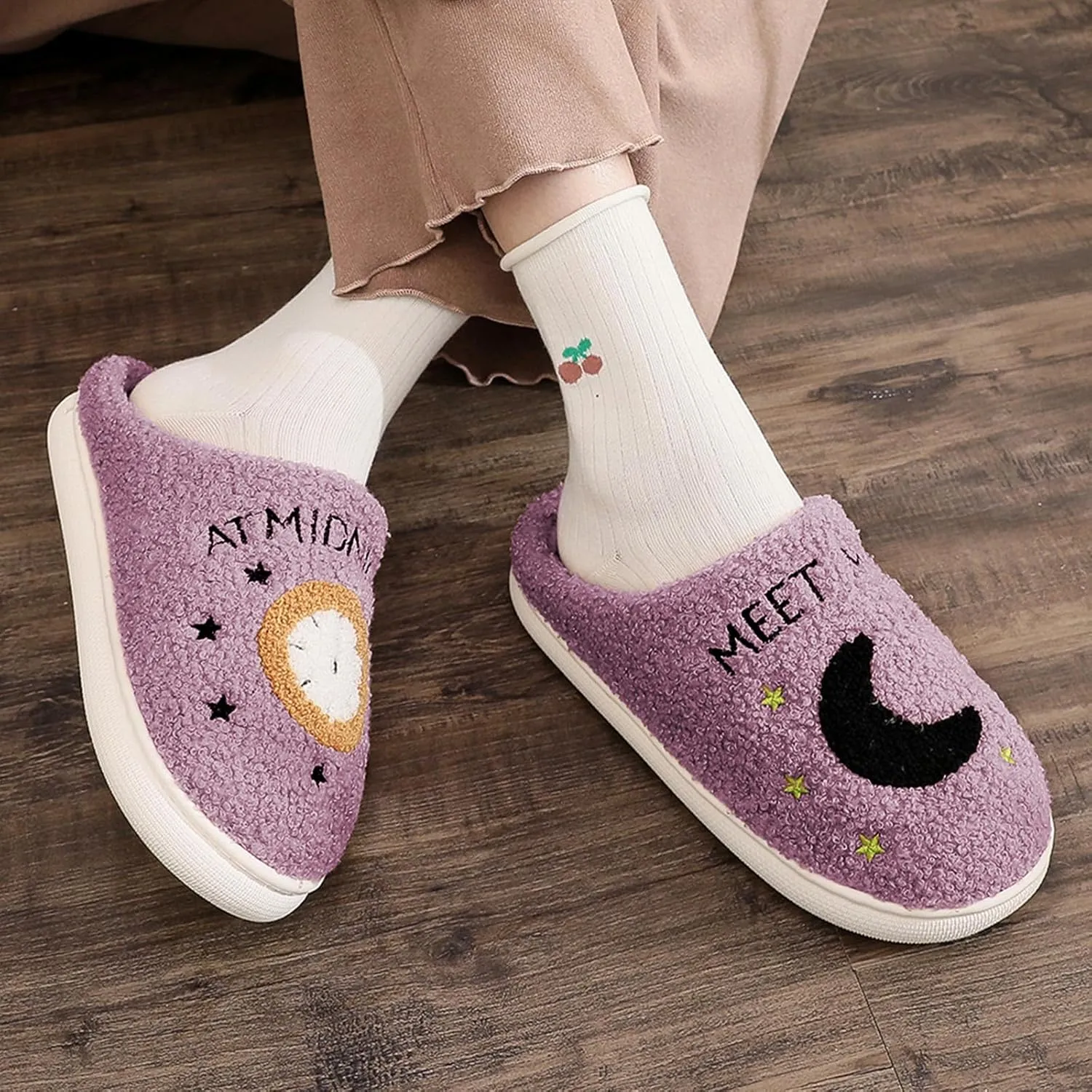 Menore Meet Me At Midnight Slippers for Womens Mens Soft Warm Fuzzy House Slides Memory Foam Lightweight Slip-on Slippers Indoor Outdoor