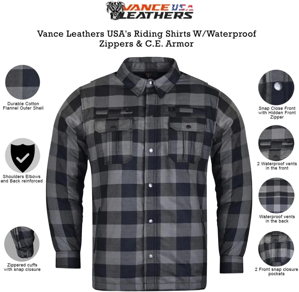 Men's Biker Armored Checkered Flannel Shirt with Kevlar, Waterproof Zippers & C.E. Approved Armors