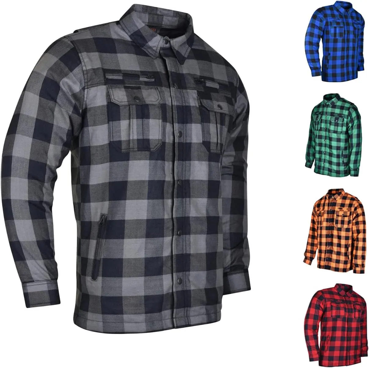 Men's Biker Armored Checkered Flannel Shirt with Kevlar, Waterproof Zippers & C.E. Approved Armors