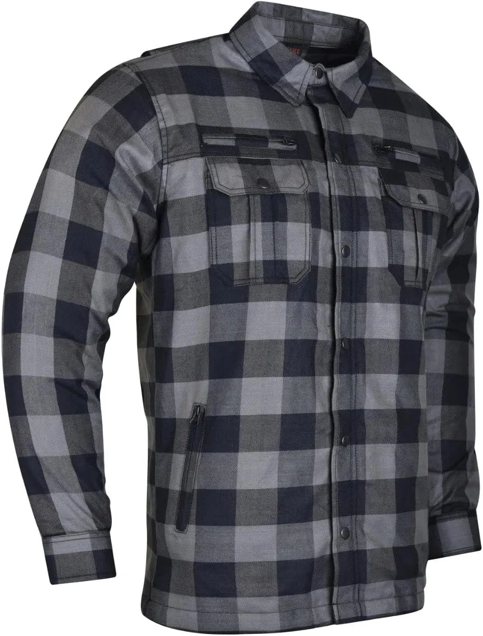 Men's Biker Armored Checkered Flannel Shirt with Kevlar, Waterproof Zippers & C.E. Approved Armors