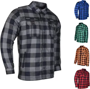 Men's Biker Armored Checkered Flannel Shirt with Kevlar, Waterproof Zippers & C.E. Approved Armors