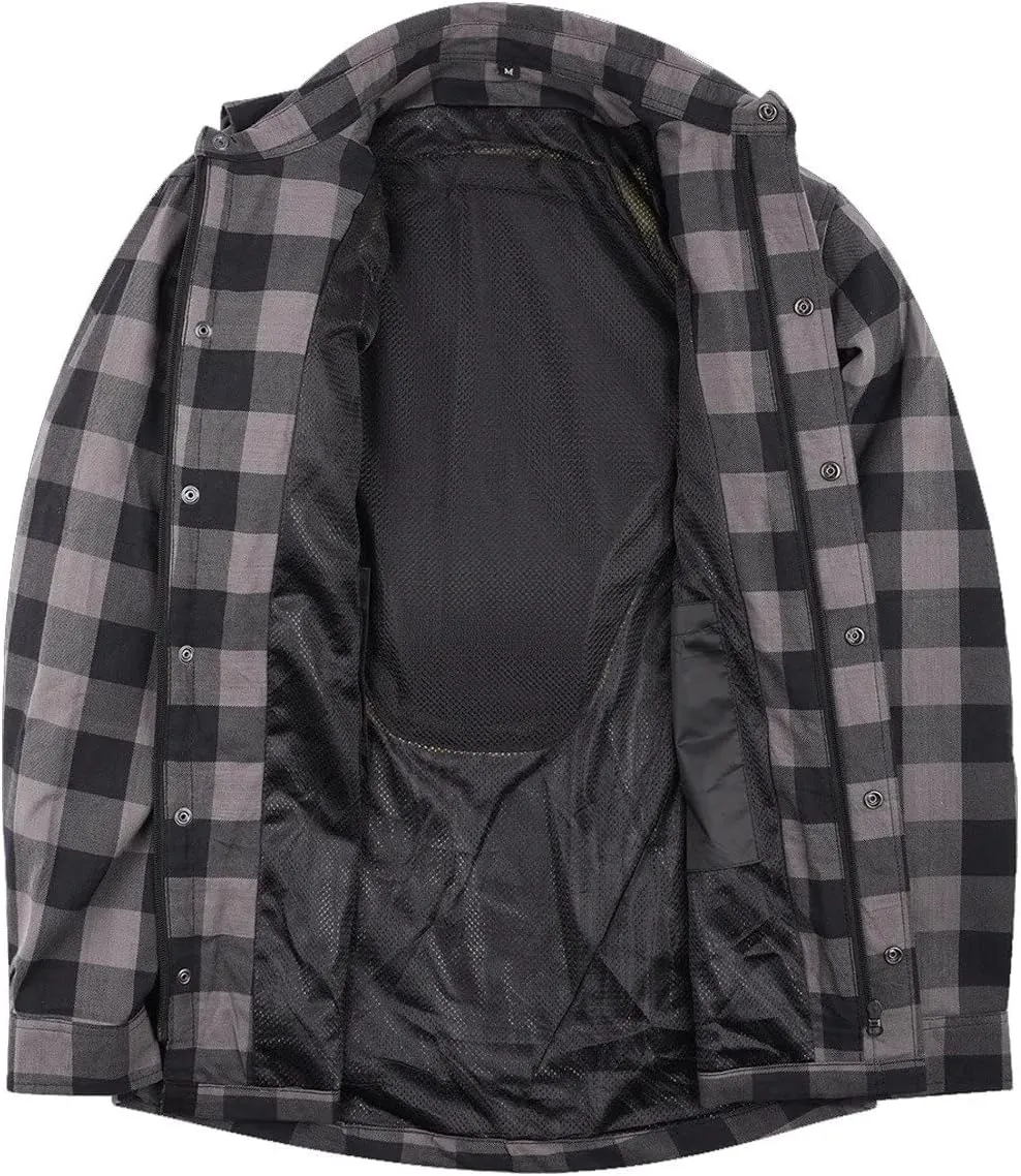 Men's Biker Armored Checkered Flannel Shirt with Kevlar, Waterproof Zippers & C.E. Approved Armors
