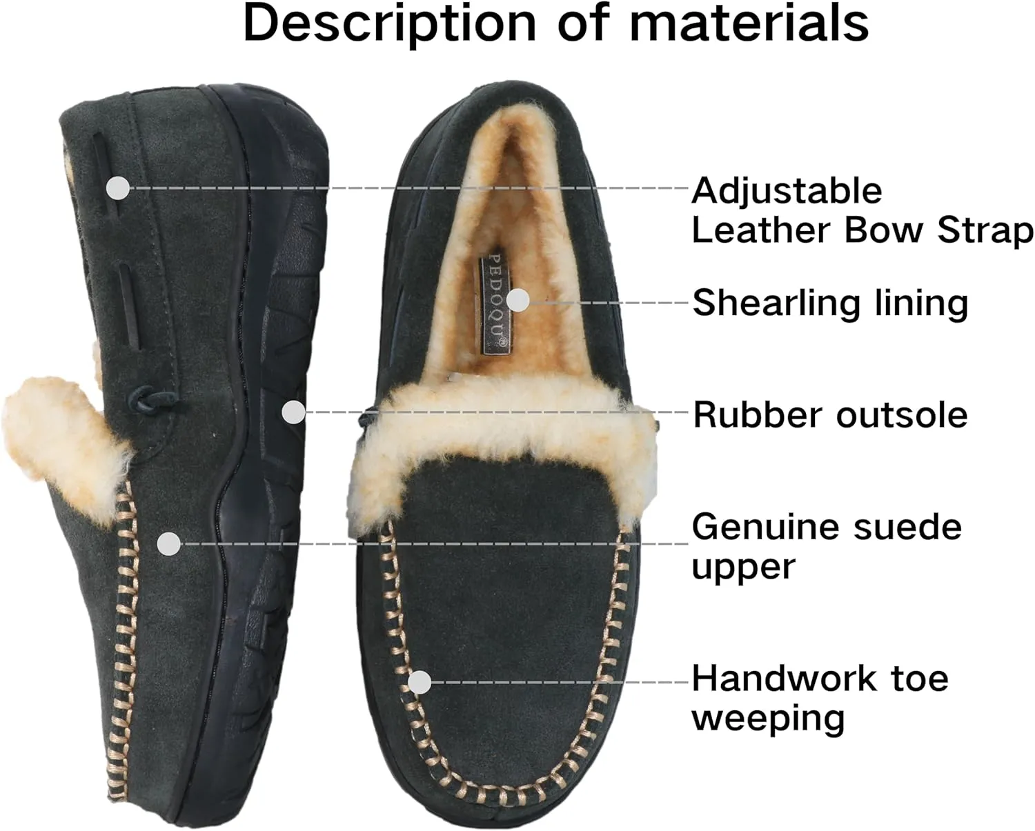Men's Moccasin Slippers Genuine Suede Uppers Shearling Lining Memory Foam House Shoes, Indoor and Outdoor Warm Loafer