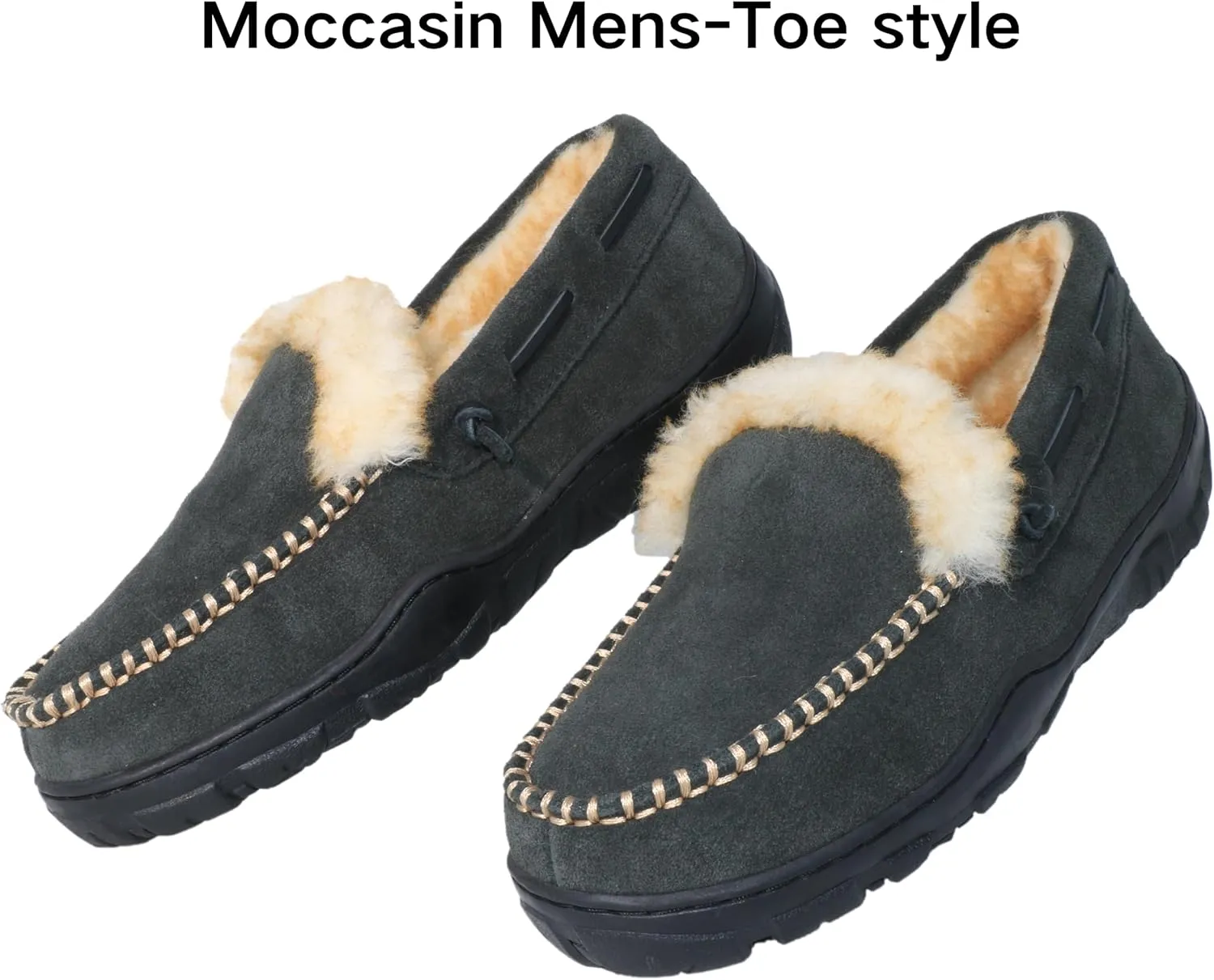 Men's Moccasin Slippers Genuine Suede Uppers Shearling Lining Memory Foam House Shoes, Indoor and Outdoor Warm Loafer