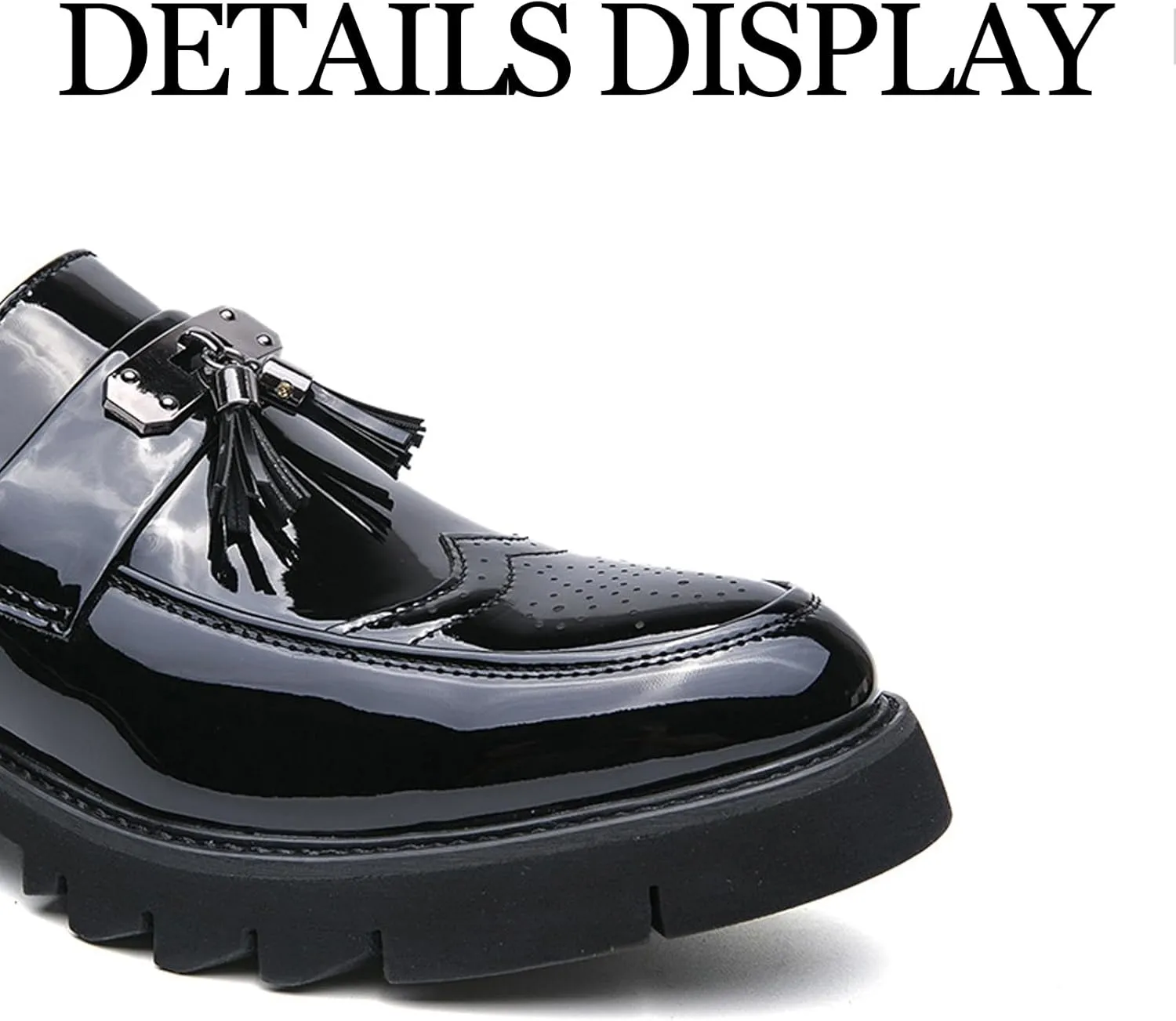 Men's Patent Leather Brogue Slip-On Platform Loafer Shoes with Tassel Fashion Round Toe Low Top Lug Sole Non-Slip Business Dress Shoes for Party Dating Prom