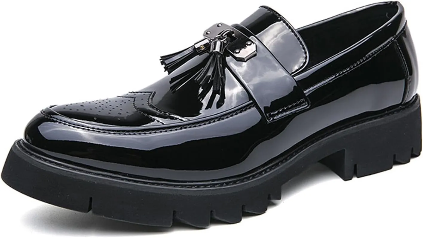 Men's Patent Leather Brogue Slip-On Platform Loafer Shoes with Tassel Fashion Round Toe Low Top Lug Sole Non-Slip Business Dress Shoes for Party Dating Prom