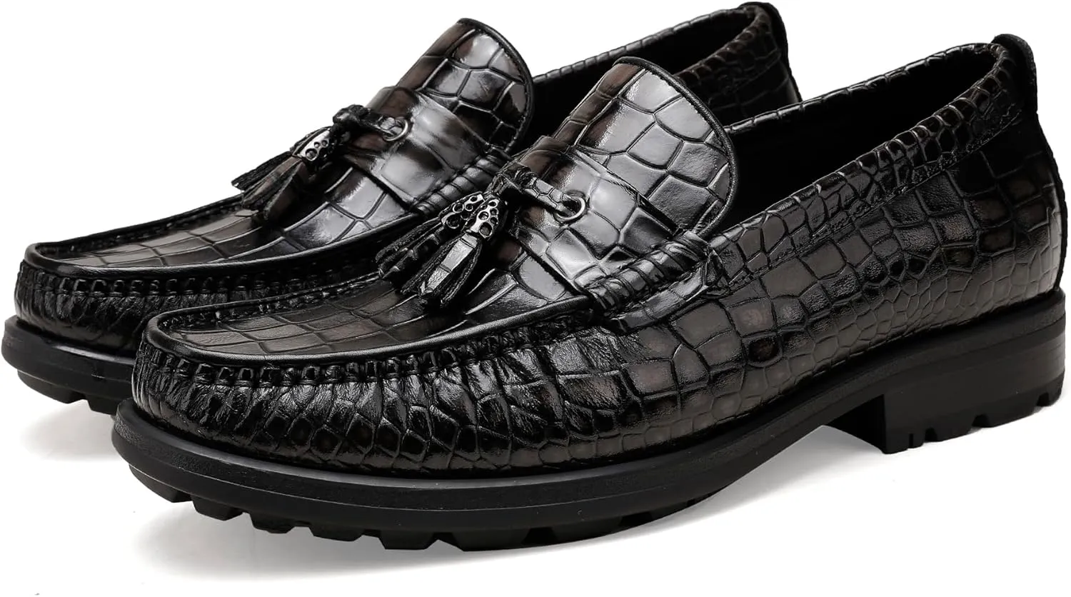 Men's Platform Tassel Loafer, Crocodile Printed Leather Dress Shoes for Mens Business Formal Wedding Porm Party Shoes Casual Slip-On Penny Loafers